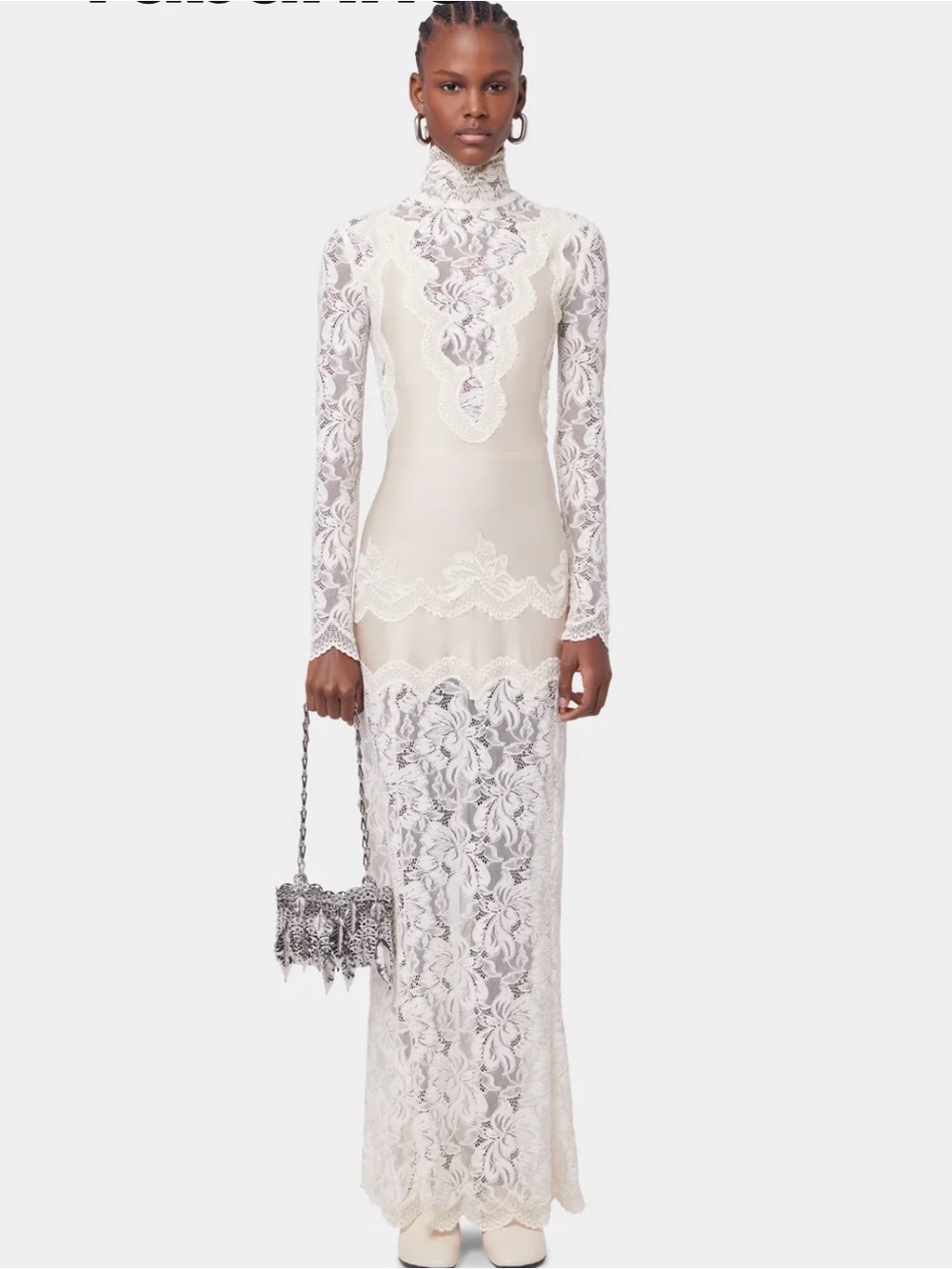 Paco Rabanne Ivory Lace Long-Sleeve High-Neck Maxi Dress